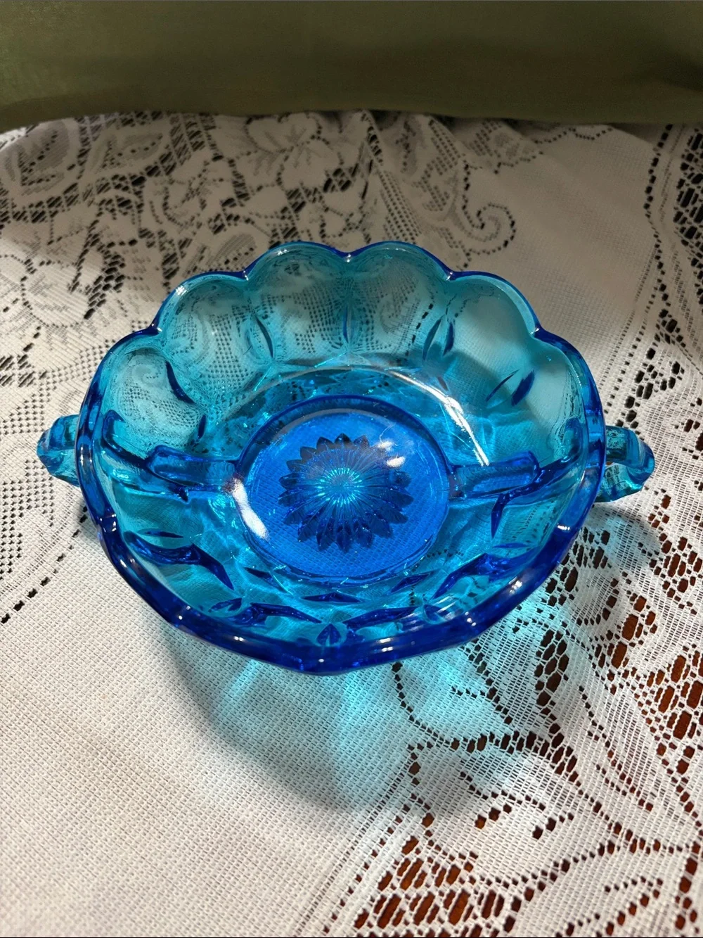Vintage double handled Blue Glass Thumbprint pattern Candy Dish